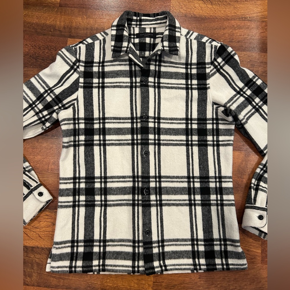 AllSaints Grayson Plaid Shirt Jacket Women’s Size Medium Black White Wool Blend